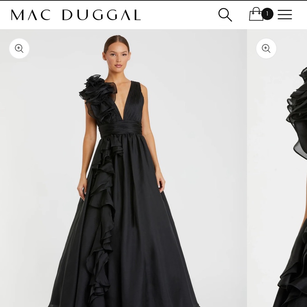 Black Ruffle Shoulder V-Neck Chiffon Gown